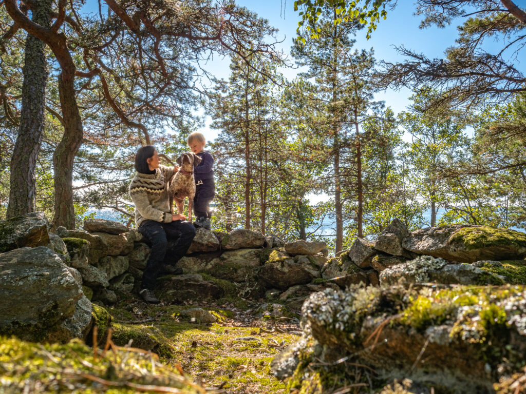 Aikuinen ja lapsi koiran kanssa luonnossa.