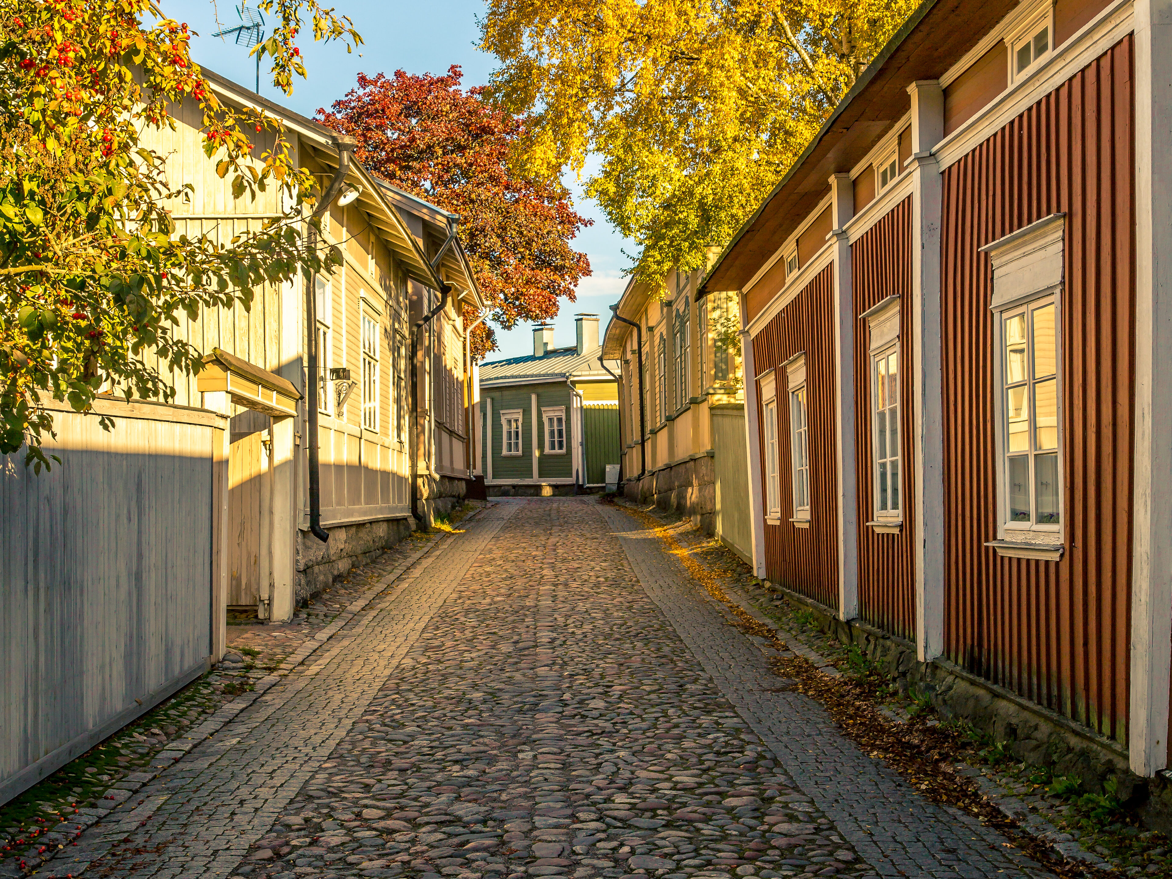 Old Rauma street with fall leaves.