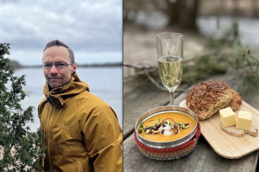 Kuvassa yhdistetty kaksi kuvaa, toisessa mies keltainen takki päällä, toisessa ruoka-annos luonnossa kuvattuna.