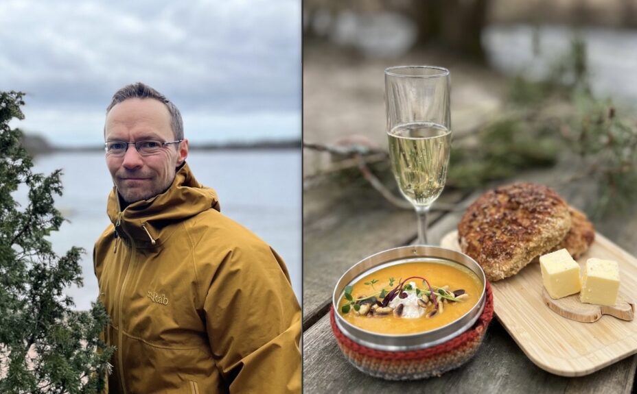 Kuvassa yhdistetty kaksi kuvaa, toisessa mies keltainen takki päällä, toisessa ruoka-annos luonnossa kuvattuna.