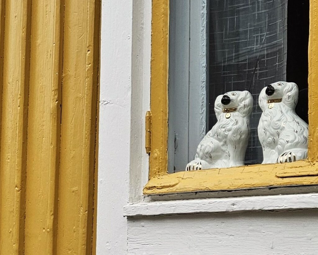 Pappilankadun varrella olevan keltaisen talon ikkunassa on posliinikoiria.