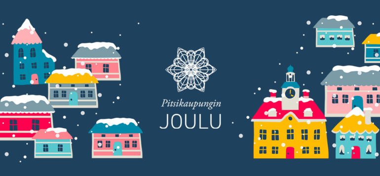 Pitsikaupungin joulu -kuvitus, jossa piirrettyjä Vanhan Rauman taloja.